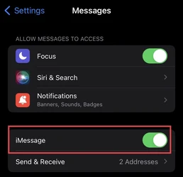 iMessage option turned on from Messages