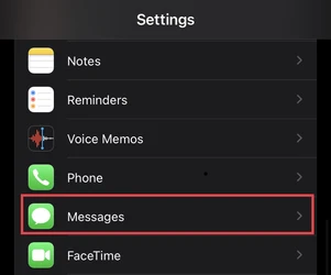 Messages selected from iPhone settings