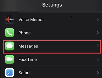 Messages selected from settings on iphone