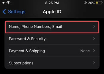 Name,Phone Numbers ,Email selected from Apple ID in iPhone settings