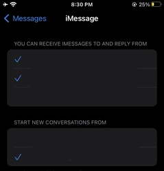 Email adress and phone numbers selected from iMessages settings