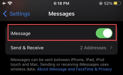 Imessage enabled from iPhone settings
