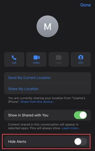 "Hide alerts" disabled for a specific contact on iPhone