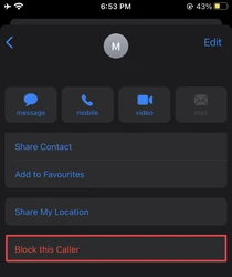 "Block this Caller" selected from contacts on iPhone