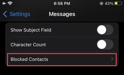 "Blocked Contacts" selected from messages in settings on iphone