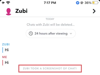 Snapchat showing notification of the screenshot of the chat taken by "Zubi"
