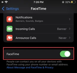 FaceTime Enabled from settings on iPhone