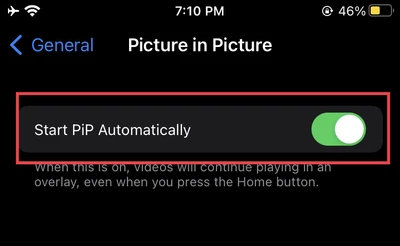 slider next to "Start PiP Automatically" tuned on in iPhone settings