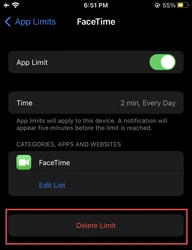 Delete Screen time limit selected for FaceTime app 