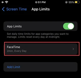 Screen time limit set for FaceTime app on iPhone