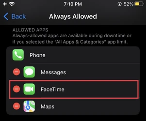 Removing FaceTime app from always allowed apps during downtime on iphone