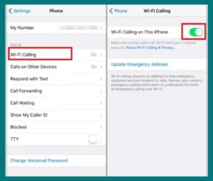 Turn Wi-Fi calling on from phone settings in iPhone 