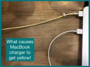 A yellow and a white macbook charger connected to a macbook