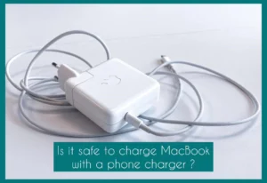 A white phone charger with text "Is it Safe to Charge MacBook with A Phone Charger?"