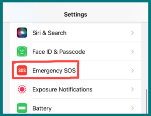 "Emergency SOS" Highlighted in the Settings menu