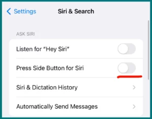 Press Side Button for Siri option disabled from Siri and search settings