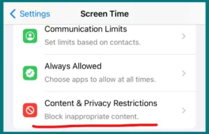  "Content & Privacy Restrictions" settings in Screen Time