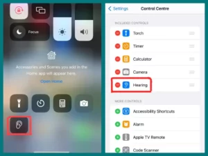 Hearing option highlighted from control centre settings