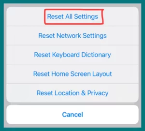 Reset all Settings Highlighted on iPhone